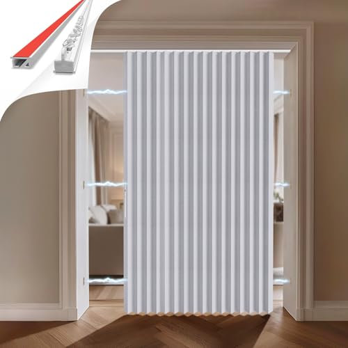 JILRON 100% Blickdichter Türvorhang – Faltbares Akordion-Design mit Magnetverschluss & Klebemontage ohne Bohren, inkl. Schiene – Für Terrassentüren oder Glastüren, Weiß, 201x180 cm