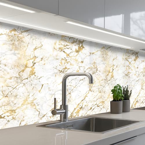 KitchenYeah© Crédence Adhésive Résistant À La Chaleur Protection Mur | 80x200 cm - Cuisine Panneaux Muraux Adhesif Panneau Decoratif Interieur Éclats d'or - Blanc - Marbre