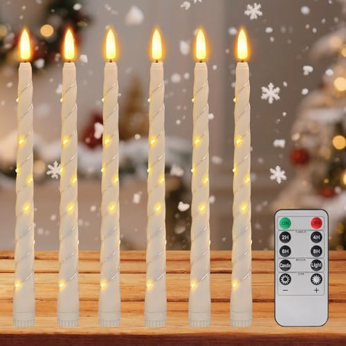 Weihnachtsdeko LED Kerzen mit Fernbedienung, 6 Stück LED Stabkerzen mit Timer Flammenlose LED Kerzen Flackernde Flamme Dimmbar Elektrische Stabkerzen Batteriebetrieben für Hochzeit Party (Beige)