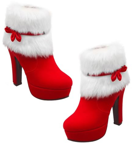 MOKKHNB Stivali Tacco di Natale in Peluche Stivaletti Corti da Donna Cerniera Suola in Gomma Antiscivolo per Inverno