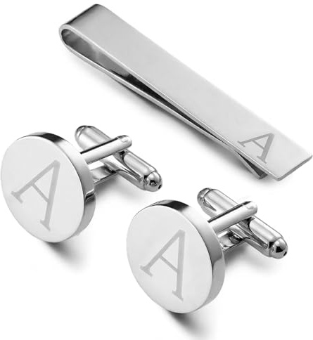 DIPZO Gemelos para hombre y pinza de corbata, gemelos personalizados para bodas, banquetes, ceremonias y negocios (Plateado-A)