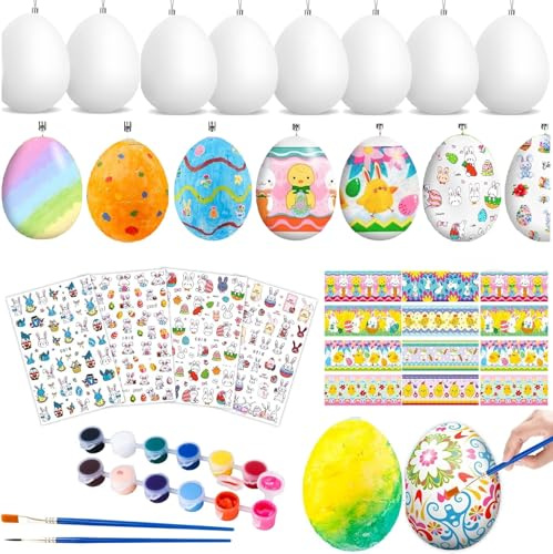 50 uova di Pasqua da appendere, uova di Pasqua da dipingere, decorazioni pasquali in plastica, uova di Pasqua, decorazione fai da te, dipinta a mano, uova di Pasqua con corda, adesivi e pennelli