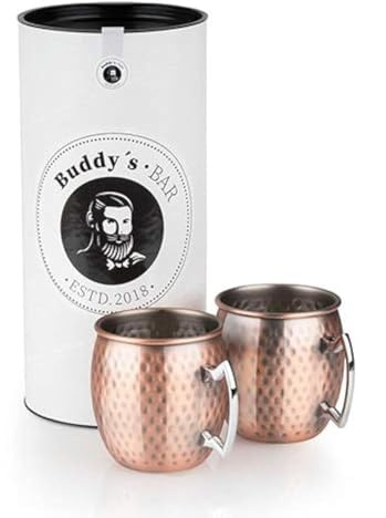Buddy's Bar - Taza Moscow Mule, set de 2, 2 x 500 ml, tazas de acero con revestimiento de cobre antiguo, apta para alimentos, efecto martillo, tazas para cócteles con caja de regalo