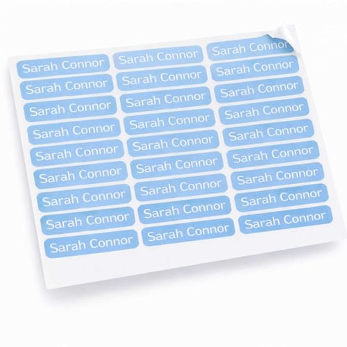 Indigos UG - Namensaufkleber Kinder Schule - 300 Sticker 36x7 mm - hellblau - personalisiert mit Wunschname - Etiketten für Schulheft, Schultüte, Federmappe, Stifte, Kindergarten