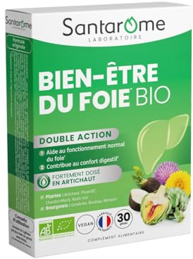 SANTAROME Bien-Être Foie Bio - Artichaut 2000 mg - 30 Gélules - France | Artichaut Bio fortement dosé (2000 mg) + chardon-marie - Aide au fonctionnement normal du foie - Bio et vegan, avec bourgeons