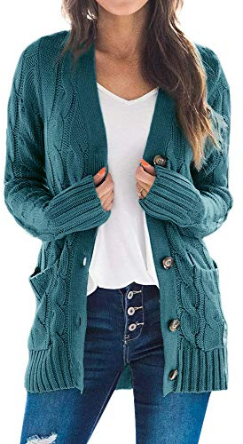 Goranbon Women's Cable Knit Cardigan Long Sleeve Open Front Button Down Knitwear Sweater Coat