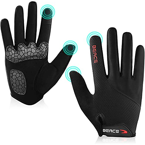 BEACE Cycling Gloves With Touch Screen - Full Finger Road and Mountain Bike Gloves, Anti-Slip Silicone Palm for Men and Women (Black)