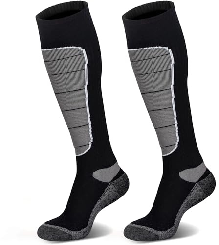 Hylaea Merino Wool Ski Socks, Cold Weather Socks for Snowboarding, Snow, Winter, Hunting, Thermal, Knee-high Warm, Outdoor Sports Grey Black 2 Pairs X-large