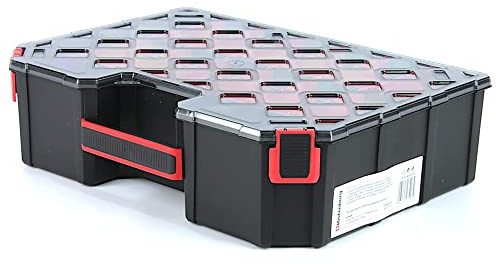 Caja clasificadora para piezas pequeñas con separadores, mango ergonómico, de plástico, tapa transparente, 390 x 284 x 105 mm