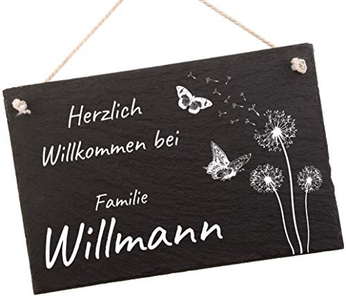 Haustürschild mit Gravur aus Schiefer, personalisiertes Türschild mit Familiennamen, Individuelles Namensschild Herzlich Willkommen bei Familie 30 x 20 cm, inkl. Kordel
