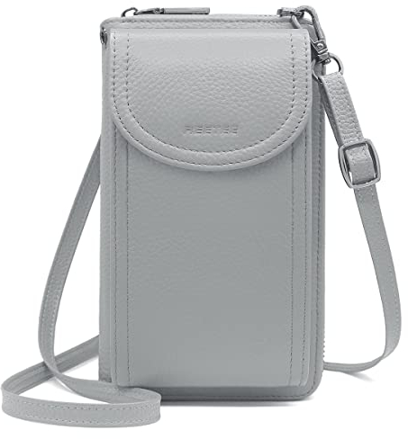 REETEE Handytasche zum Umhängen RFID Schutz Geldbeutel Damen Handy Umhängetasche Leder Viele Fächer Handy Schultertasche mit 12 Kartenfächer Klein Crossbody Handytasche Geldbörse für Frauen (grau) …