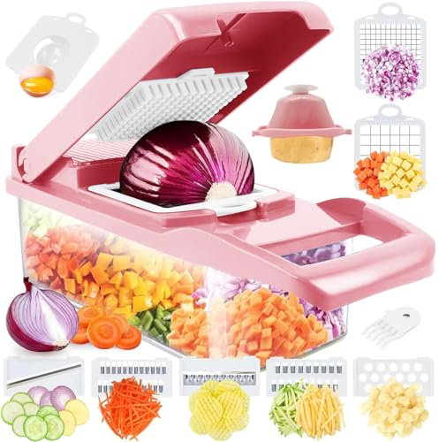 Artbros Picador de verduras y cebolla, cortador de mandolina multifuncional 12 en 1, cortador de picar vidalia mago cortador de frutas vegetarianas con cesta colador y recipiente, color rosa
