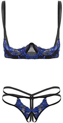 FEESHOW Womens Sexy Lingeries Lace 1/4 Cup Bra Exposed Breasts with Briefs T-Back Bikini Set Blue One Size