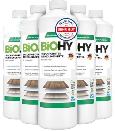 BiOHY Wischroboter Reinigungsmittel für Holzböden (6 x 1 Liter) | Bodenreiniger Konzentrat | Laminat & Parkettpflege | Bodenreiniger Mittel mit streifenfreiem Glanz | Schaumarm