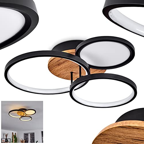 HOFSTEIN LED Deckenleuchte Avelal, moderne Deckenlampe aus Metall/Holz/Kunststoff in Schwarz/Natur/Weiß, Leuchte mit 3 Ringen Ø 17 cm, 21 cm, 25,5 cm, 1500 Lumen, 3000 Kelvin, 30 Watt, Schlafzimmer