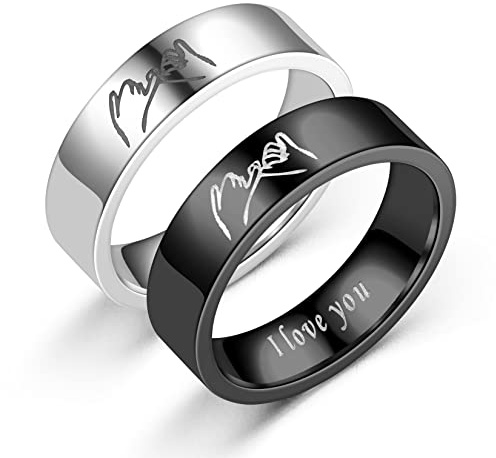 Yifnny Couple Rings, 2 Pcs Pinky Promise Ring for Hand in Hand Ring Carved I LOVE YOU Matching Friendship Ring Engagement Wedding Bands Rings for Men Women (Pinky Promise Ring Size 10)