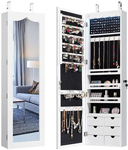 RELAX4LIFE Schmuckschrank mit automatischen LEDs, Schmuckregal mit 6 Schubladen & 3 Lagerregalen & Spiegel, Schmuckorganizer für Ohrringe Armband Kette Ringe Kosmetik, Tür- & Wandmontage (Weiß)