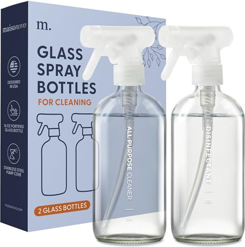 MaisoNovo Sprühflasche Putzmittel - Sprühflasche Glas - Sprühflaschen zum befüllen - 500 ml transparent x 2 mit 16 Etiketten