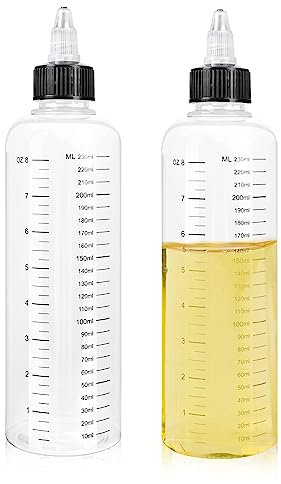 2 bottiglie da spremere da 250 ml, con graduazione, bottiglie trasparenti per erogatore di olio con tappo a punta, bottiglia di plastica multiuso per condimenti liquidi, salsa, olio, aceto di soia