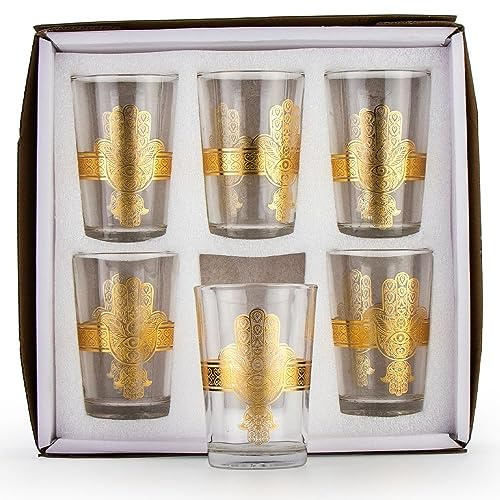 Saharashop Juego de 6 vasos de té marroquíes orientales de la mano de Fátima, color dorado