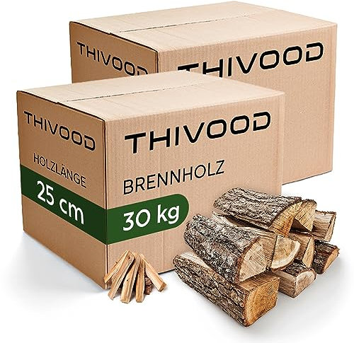 THIVOOD Brennholz 25 cm - Buchenholz & Eichenholz - Premium Feuerholz inklusive Anzündholz - trockenes 60 KG Hartholz mit unter 18% Restfeuchtigkeit - Ofenfertiges Kaminholz für Zuhause & Outdoor