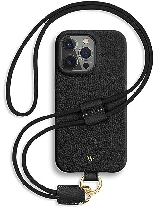 WIIUKA Hülle für iPhone 15 Pro Max, Leder aus Deutschland, Lederhülle Handykette, Premium Handyhülle, Case, Kette Band Umhängen, Schwarz