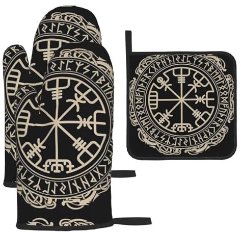 Set di 3 guanti e presine anti-scottatura con bussola, design magico, per cucina, cottura e grigliata, regalo di Natale per la festa della mamma