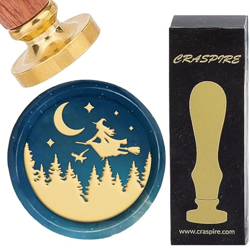 CRASPIRE Sello de Cera de Bruja Sello de Cera de Sellado de Luna de Bosque Retro Cabeza de Latón Extraíble de 25 mm con Mango de Madera para Sobres de Fiestas de Bodas Invitaciones Envoltura