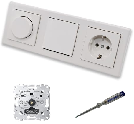 EBROM SET IDEE: Merten MEG5134-0000 LED Drehdimmer Dimmer + Lichtschalter MEG3116-0000 + Steckdose Kinderschutz MEG2300 polarweiß glänzend System M Smart + EBROM Phasenprüfer z. Gerätemontage
