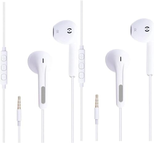 Mr Gadget's Solutions 3,5 mm vita öronsnäckor mikrofon bullerisolerande trådbundna hörlurar headset kompatibla med mikrofon android/laptops/MP3 på kontoret, klassrum, hem, 2-pack