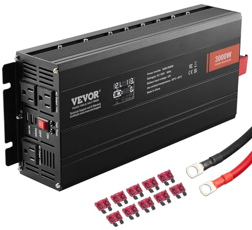 VEVOR Convertitore Onda Sinusoidale 3000W DC 12V AC 230V Display LCD Convertitore di Potenza con 3 Prese AC 2 Porte USB 1 Porta Type-C 10 Fusibili di Ricambio per Grandi Elettrodomestici