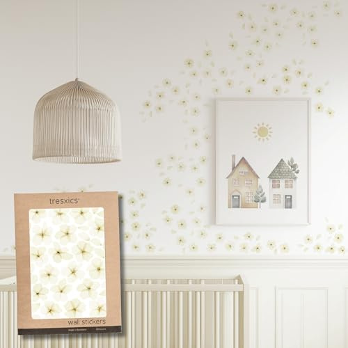 TRESXICS Stickers Muraux Salon Fleurs de Cerisier Aquarelle, 108 fleurs et 90 pétales, Décoration Chambre Original et Résistant, Effet Papier Peint Autocollant Mural, Facile et Amovible (Jaune)