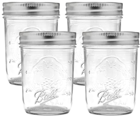 Ball Regular Mouth Glass Mason Jars with Lids and Bands, Used for Canning (Half Pint, 8 Ounce (Pack of 4))