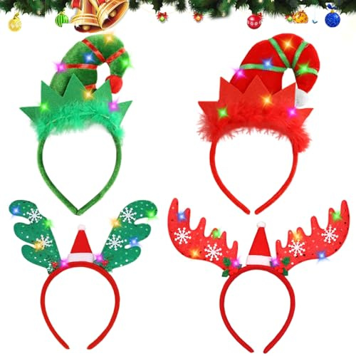 JOKILY Weihnachts Haarreif, Beleuchtetes Weihnachts-Stirnband, Haarreif Weihnachten Led Weihnachtself Kostüm Leuchtender Weihnachts Haarreifen für Weihnachten, Urlaub, Party