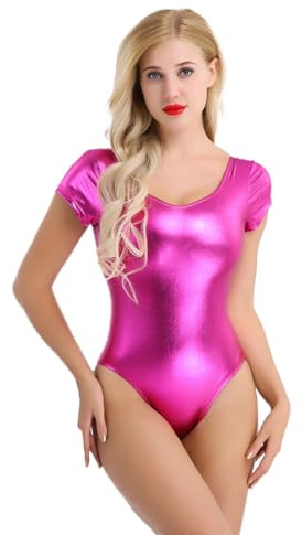 Jhaoyu Glänsande body sport body kortärmad metallisk dansbody gym wetlook catsuit bodysuit trikådräkt danskostym, rosa, M