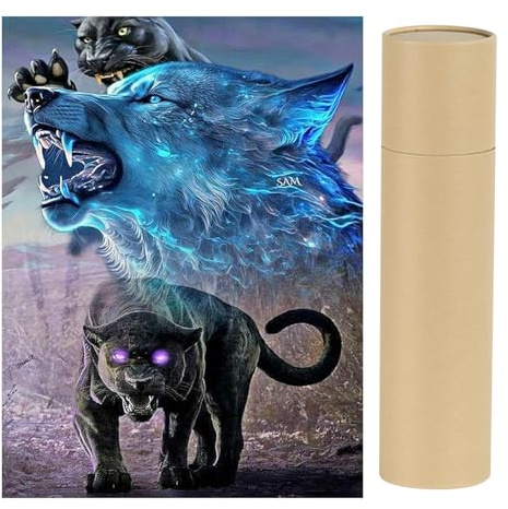 SHEGZHUC 40x50cm Eckige Steine Diamond Painting Leopard mit Kraftpapier Versandrohr Rund, Diamond Painting Wolf Flammen Blau Tiere, Mosaik Kunst Stickerei Kreuzstich Bilder Geschenk Wanddekoration
