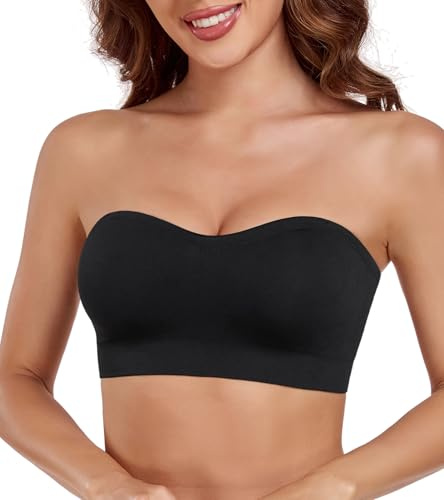 Lemorosy Women's Strapless Bra Padded Wirefree Seamless Adjustable Supportive Bandeau Tube Bra(Black,XL)