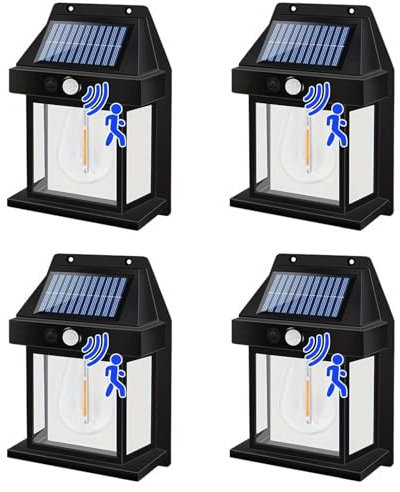 4 Pack Solar Wall Lights Outdoor Garden, Solar Vintage Wall Lanterns Motion Sensor, IP65 Security Lights Outside PIR Motion for Front Porch Balcony Patio Garage Fence Yard (Black, 4 Pack)
