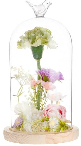 BENECREAT Campana Espositiva in Vetro da 122x230mm con Maniglia Superiore A Forma di Uccello, Copertura in Vetro per Fiori Eterni con Base in Legno per Esemplari di Piante Fai da Te