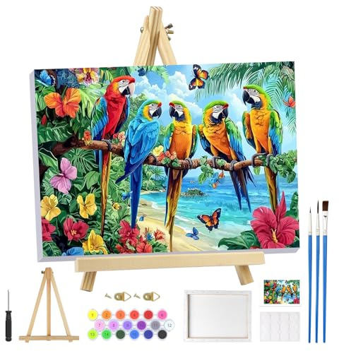 MOGTAA Paquete de Pintura por Números de Loros para Adultos con Marco, Pintura por Números de Paisaje con Caballete de Madera, Set de Pintura al Óleo en Lienzo Acrílica Imágenes para Decoración del
