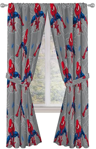 Jay Franco Juego de cortinas de ventana para dormitorio de niños, 4 piezas con 2 alzapaños, color gris, Spiderman, 42 pulgadas de ancho x 84 pulgadas de largo (paquete de 2)