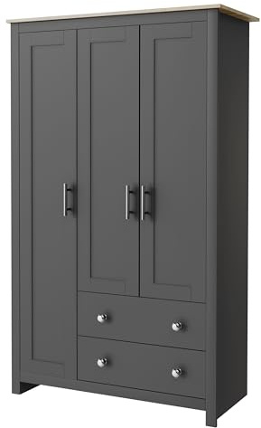 Nera 3 Door Wardrobe with Drawers Shelves and Hanging Rail Tall Wardrobes for Bedrooms Storage (Grey on Oak)