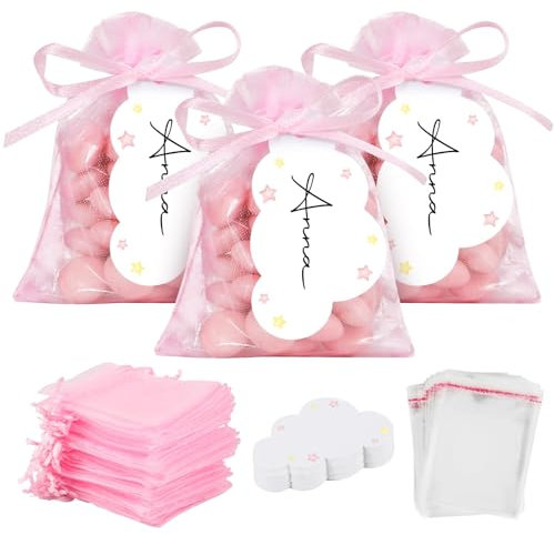 BOFUNX 50 Set Taufe Gastgeschenke, 50pcs Organzasäckchen + 100pcs Klein Cellophantüten + 50pcs Wolken Geschenkanhänger + Seidenband, Geburt Taufe Party Gastgeschenke