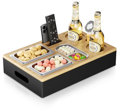 MINENICE Snackbox Couch Bar, Couchbar Snackbox mit 3 Snackschalen aus Edelstahl und 2 Flaschenhaltern, Magnetischem Deckel, Snack Obst Getränke, Snackbox Sofabar für Couch Bett Sofa