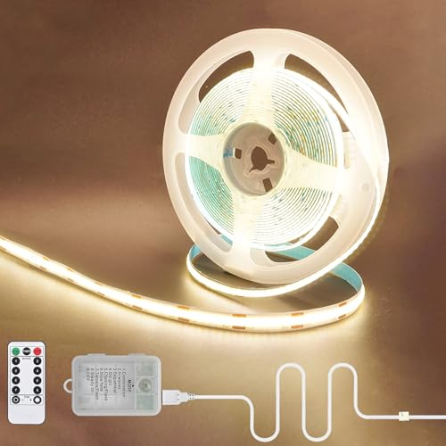 Clearhill 5V COB 320LED Streifen mit Batteriebox und Fernbedienung, USB & Akku (ohne Batterie), 6.56FT / 2M, natürliches Weiß 4000K, 8 Modi, dimmbar und Timer, 8mm Breite, IP20