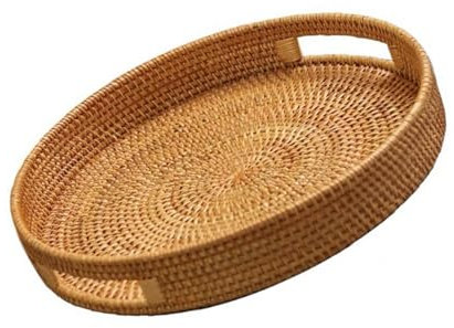 Uqezagpa Rundes Serviertablett aus natürlichem Rattan, handgewebt, mit Griffen, Zubehör für Esstisch und Zuhause