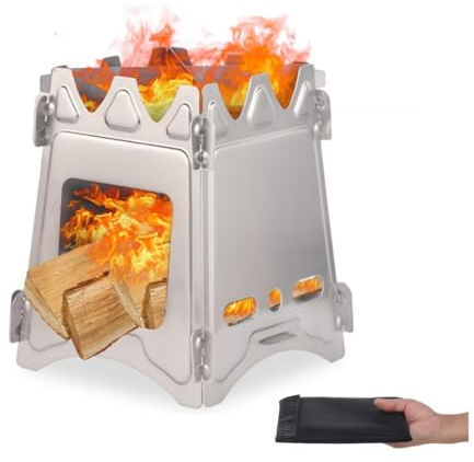 Réchaud Bois Poêle à Bois Portable en Acier Inoxydable, Hobo Bburner Cuisinière d'Extérieur, Réchaud Alcool avec Sac, Firebox Mini Léger Pliable pour Pique-Nique Randonnée Chasse, 15.3 x 11 x 18.2 cm
