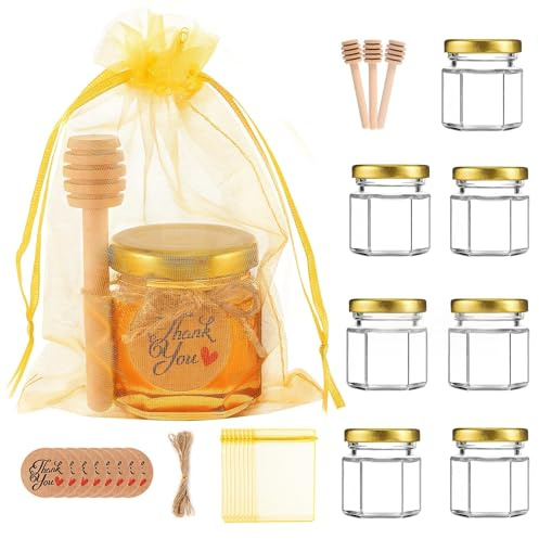 GIVAMEIHF Mini-Honiggläser, Partyzubehör, 42,5 ml, kleine sechseckige Glas-Honiggläser mit Löffeln, Deckeln, Goldtüten, Bienen-Charms, Dankeskarten, Jute, niedliche Aufkleber für Hochzeitsfeiern, 8