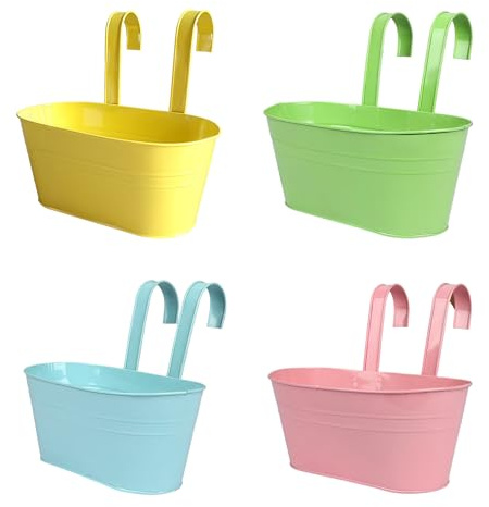 COONE 4er Set Hängende Blumentöpfe mit Abnehmbarem Doppelhaken, Blumenkasten für Balkon, Garten, Terrasse, Fensterbank mit Drainage (Grün, Rosa, Gelb, Blau)