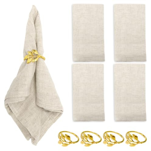 DASIAUTOEM Stoffservietten Beige mit Serviettenringe, 4 Stück 40x40cm Leinenservietten, Baumwolle Servietten Stoff, Wiederverwendbare Mullservietten für Party Hochzeiten Zuhause Tischdekorationen